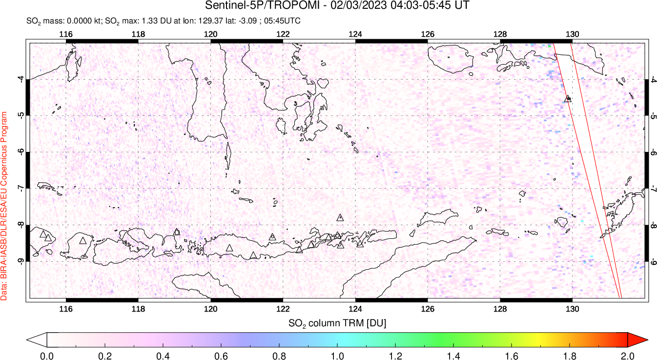 A sulfur dioxide image over Lesser Sunda Islands, Indonesia on Feb 03, 2023.