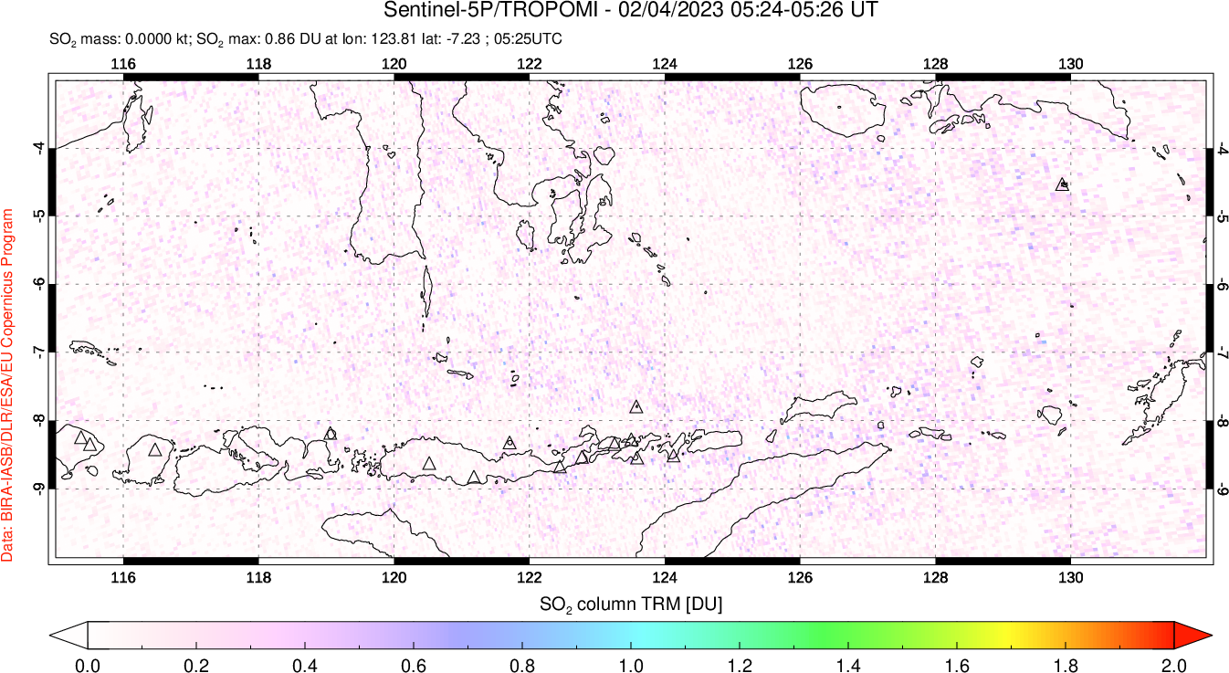 A sulfur dioxide image over Lesser Sunda Islands, Indonesia on Feb 04, 2023.
