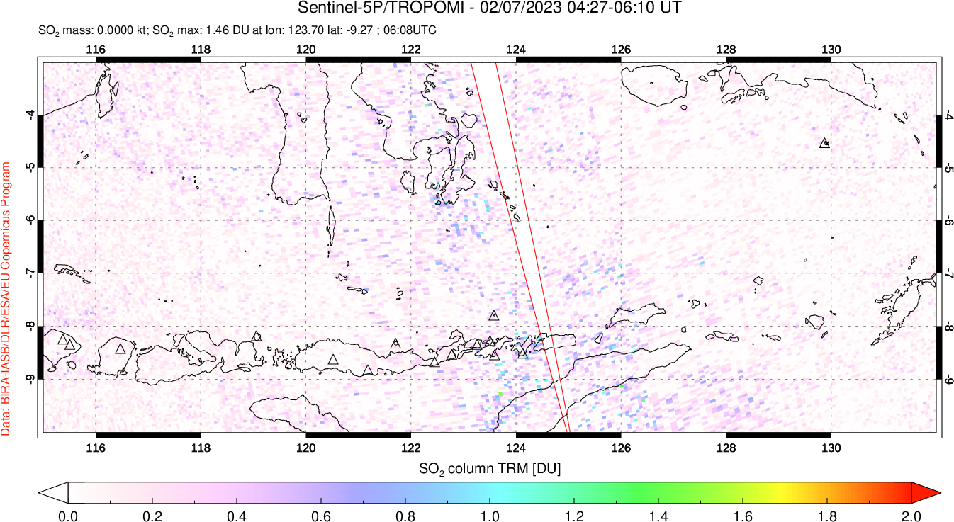 A sulfur dioxide image over Lesser Sunda Islands, Indonesia on Feb 07, 2023.
