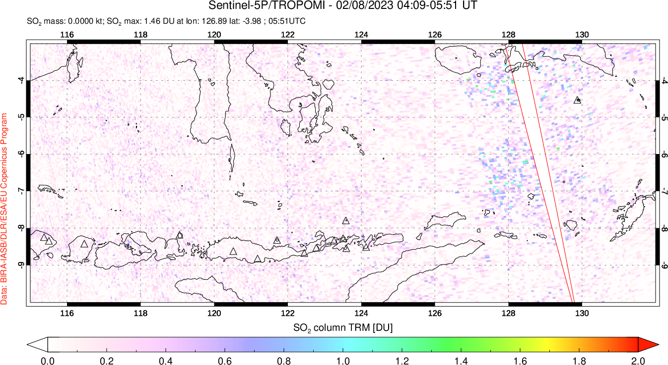 A sulfur dioxide image over Lesser Sunda Islands, Indonesia on Feb 08, 2023.