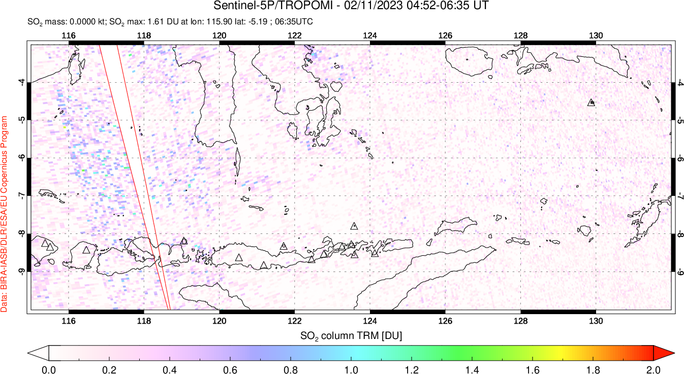 A sulfur dioxide image over Lesser Sunda Islands, Indonesia on Feb 11, 2023.