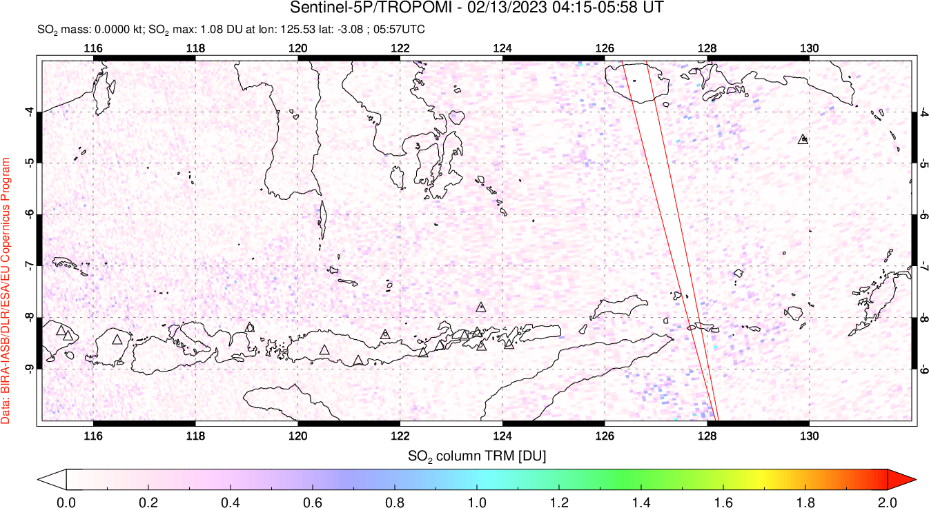 A sulfur dioxide image over Lesser Sunda Islands, Indonesia on Feb 13, 2023.