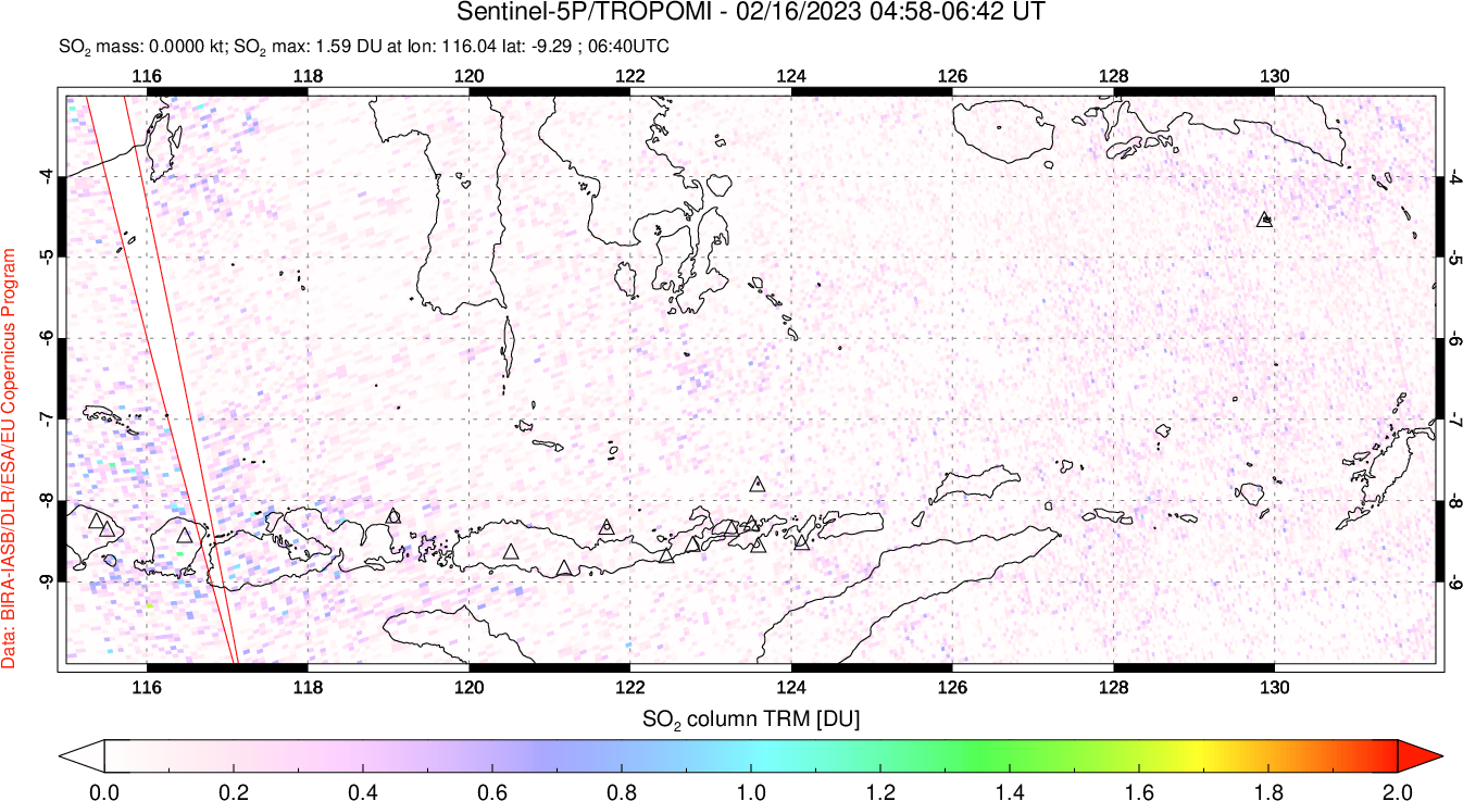 A sulfur dioxide image over Lesser Sunda Islands, Indonesia on Feb 16, 2023.