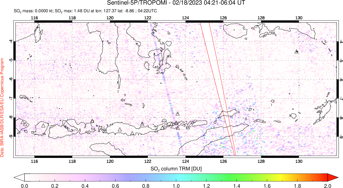 A sulfur dioxide image over Lesser Sunda Islands, Indonesia on Feb 18, 2023.