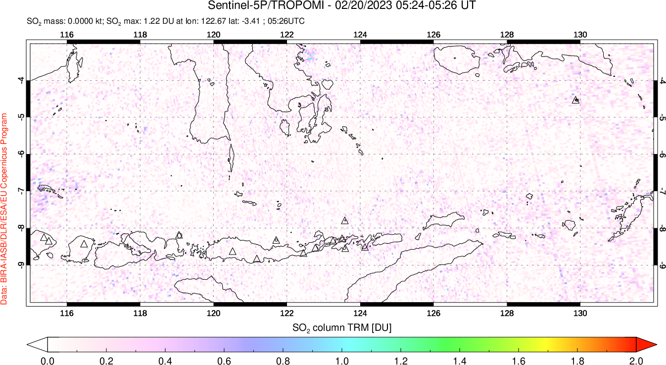 A sulfur dioxide image over Lesser Sunda Islands, Indonesia on Feb 20, 2023.