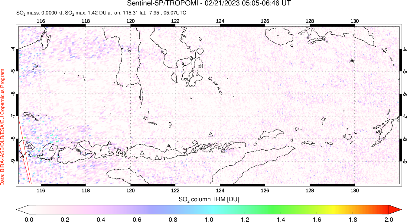 A sulfur dioxide image over Lesser Sunda Islands, Indonesia on Feb 21, 2023.