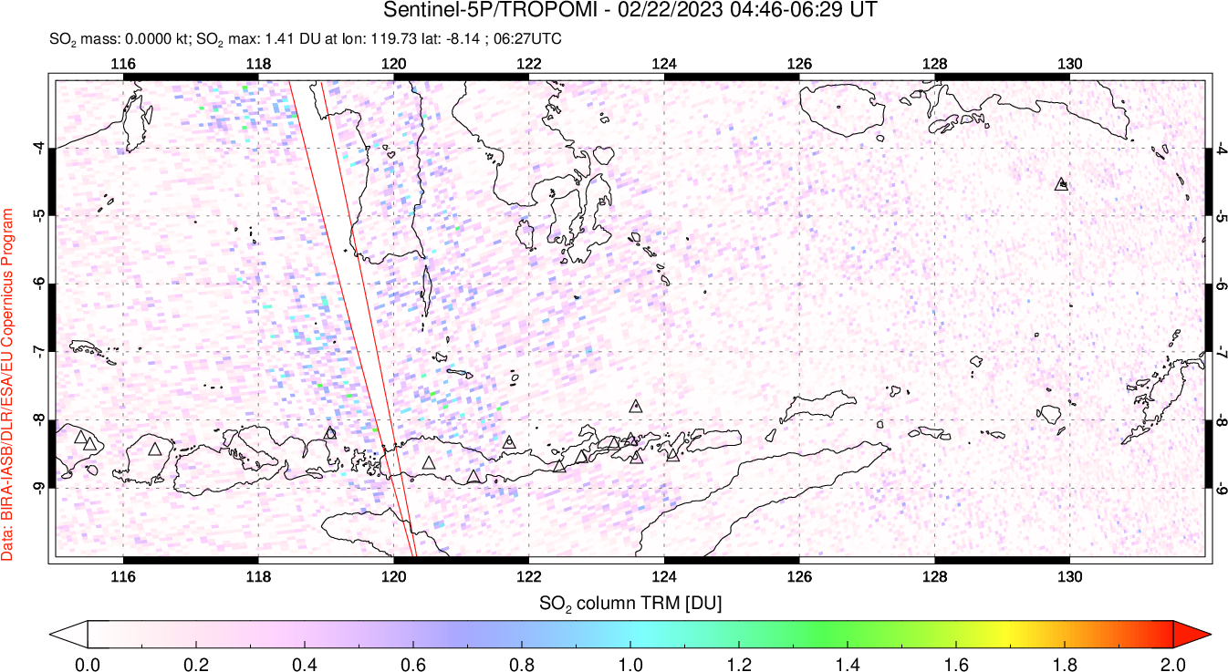 A sulfur dioxide image over Lesser Sunda Islands, Indonesia on Feb 22, 2023.