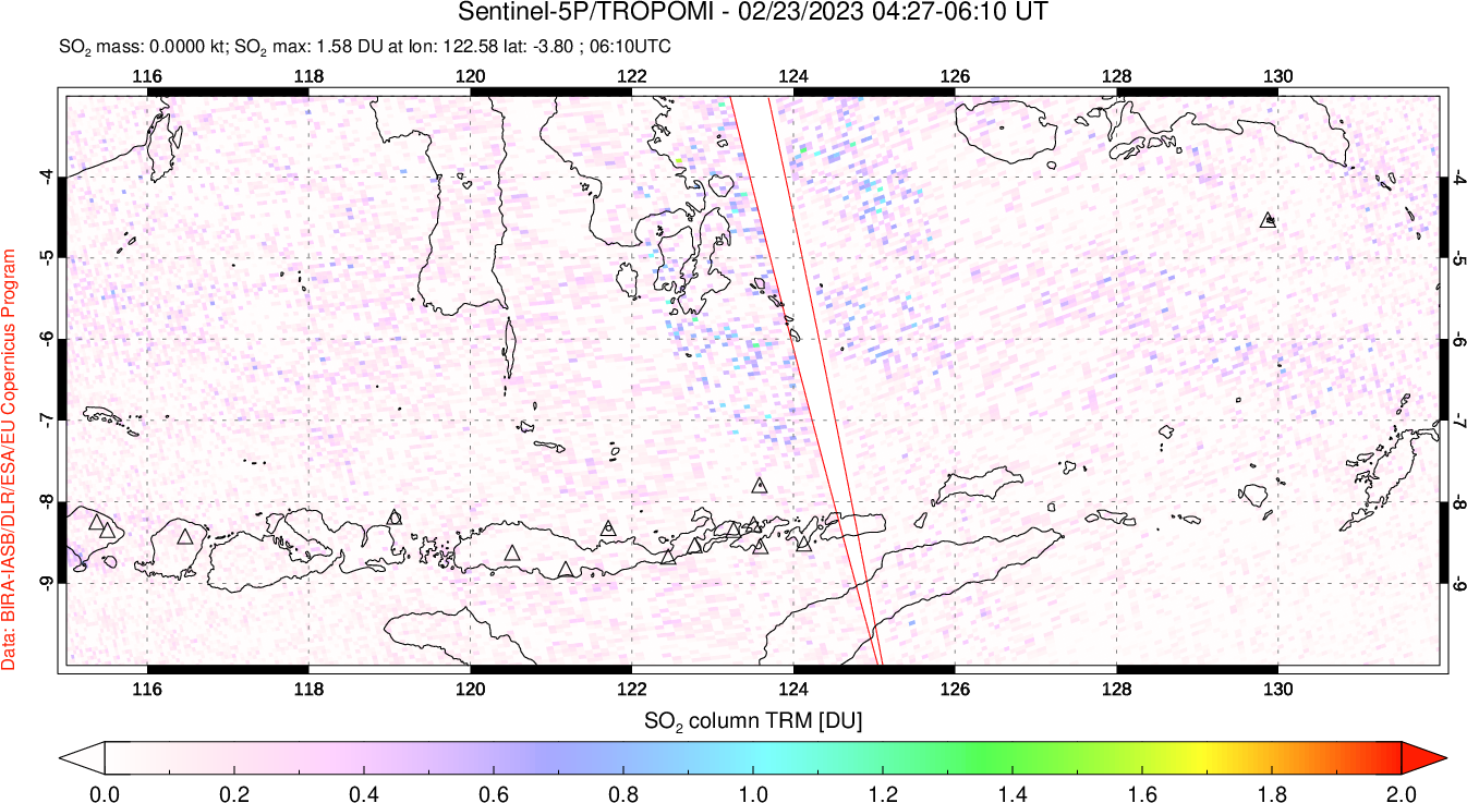 A sulfur dioxide image over Lesser Sunda Islands, Indonesia on Feb 23, 2023.