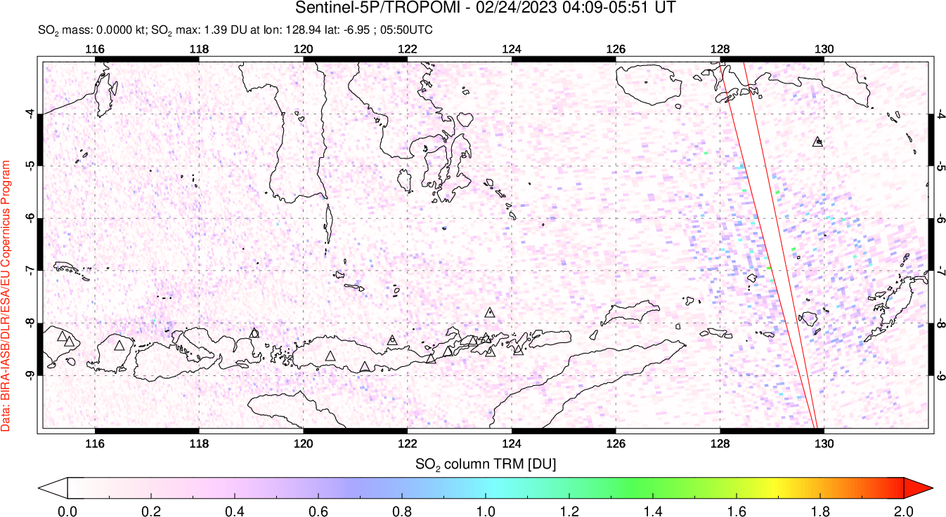 A sulfur dioxide image over Lesser Sunda Islands, Indonesia on Feb 24, 2023.