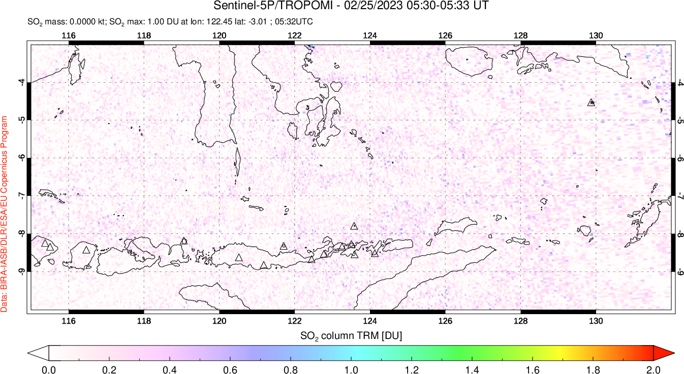 A sulfur dioxide image over Lesser Sunda Islands, Indonesia on Feb 25, 2023.