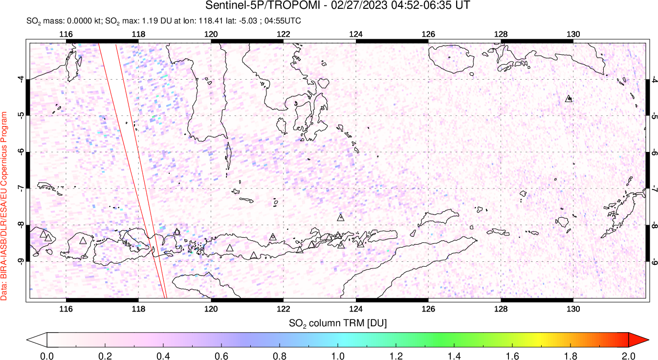 A sulfur dioxide image over Lesser Sunda Islands, Indonesia on Feb 27, 2023.