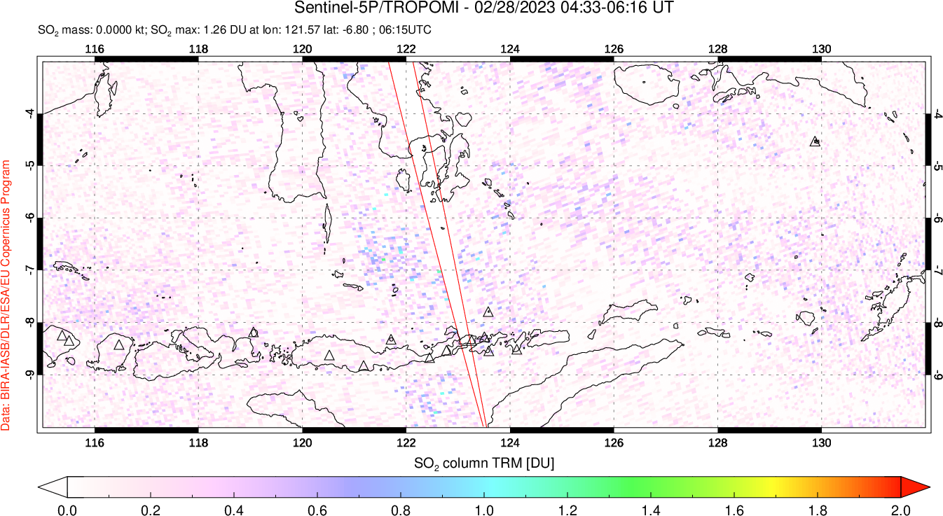 A sulfur dioxide image over Lesser Sunda Islands, Indonesia on Feb 28, 2023.