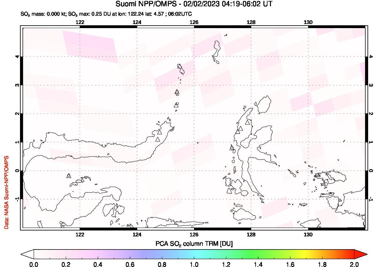 A sulfur dioxide image over Northern Sulawesi & Halmahera, Indonesia on Feb 02, 2023.