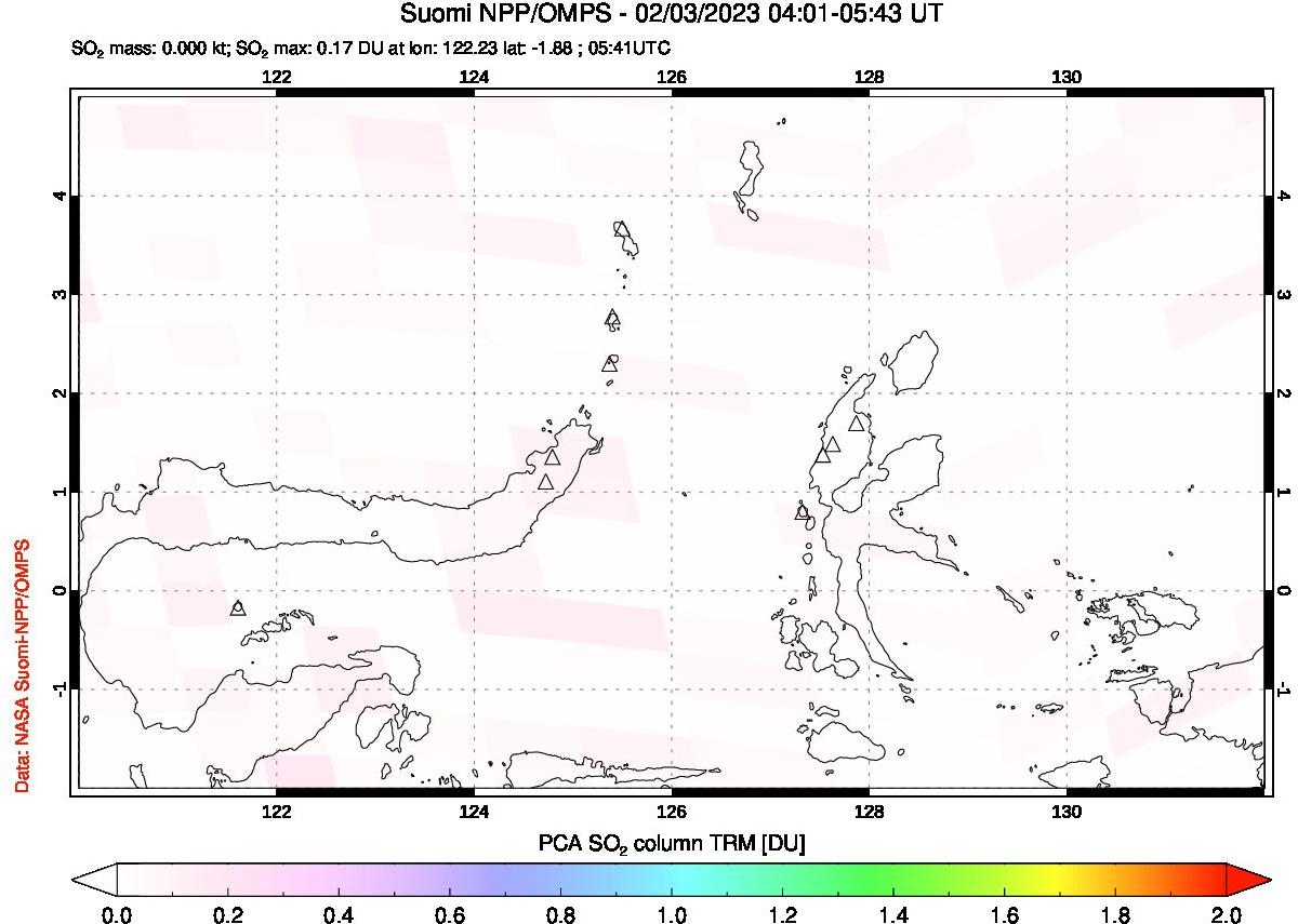 A sulfur dioxide image over Northern Sulawesi & Halmahera, Indonesia on Feb 03, 2023.
