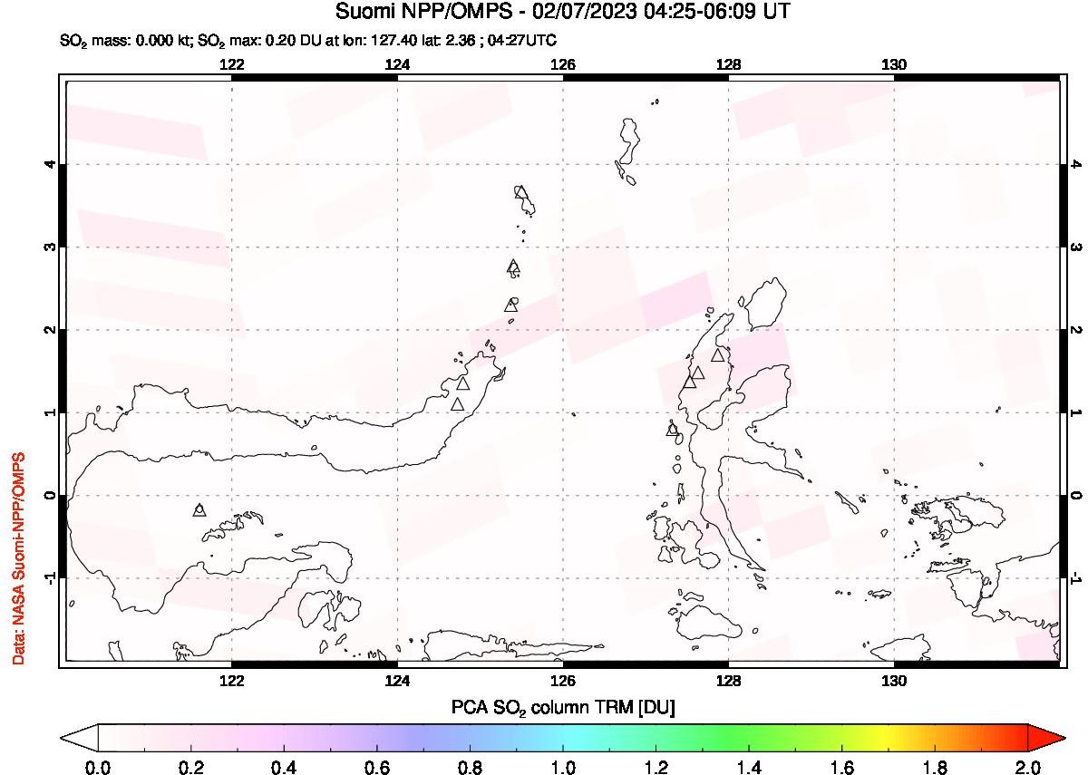 A sulfur dioxide image over Northern Sulawesi & Halmahera, Indonesia on Feb 07, 2023.