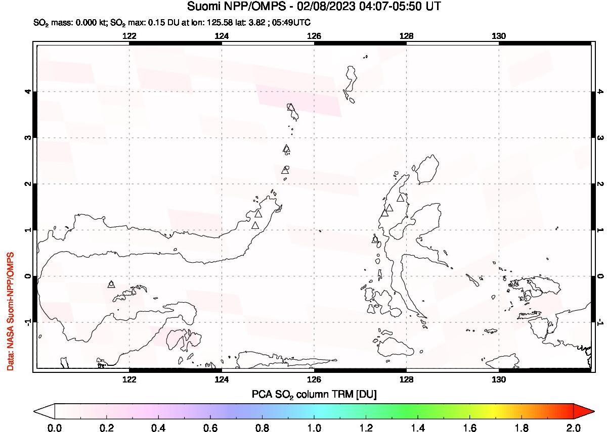 A sulfur dioxide image over Northern Sulawesi & Halmahera, Indonesia on Feb 08, 2023.