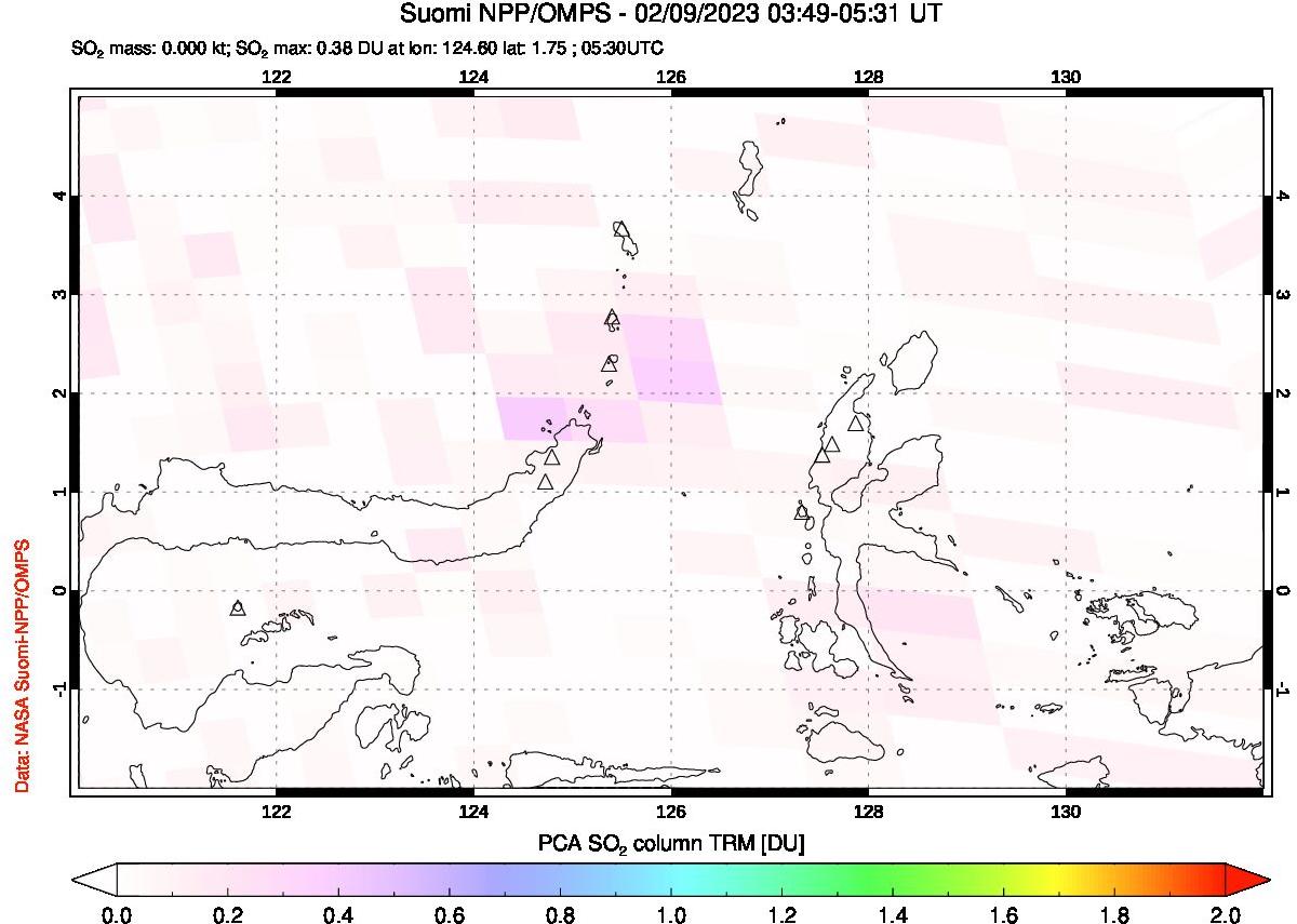 A sulfur dioxide image over Northern Sulawesi & Halmahera, Indonesia on Feb 09, 2023.