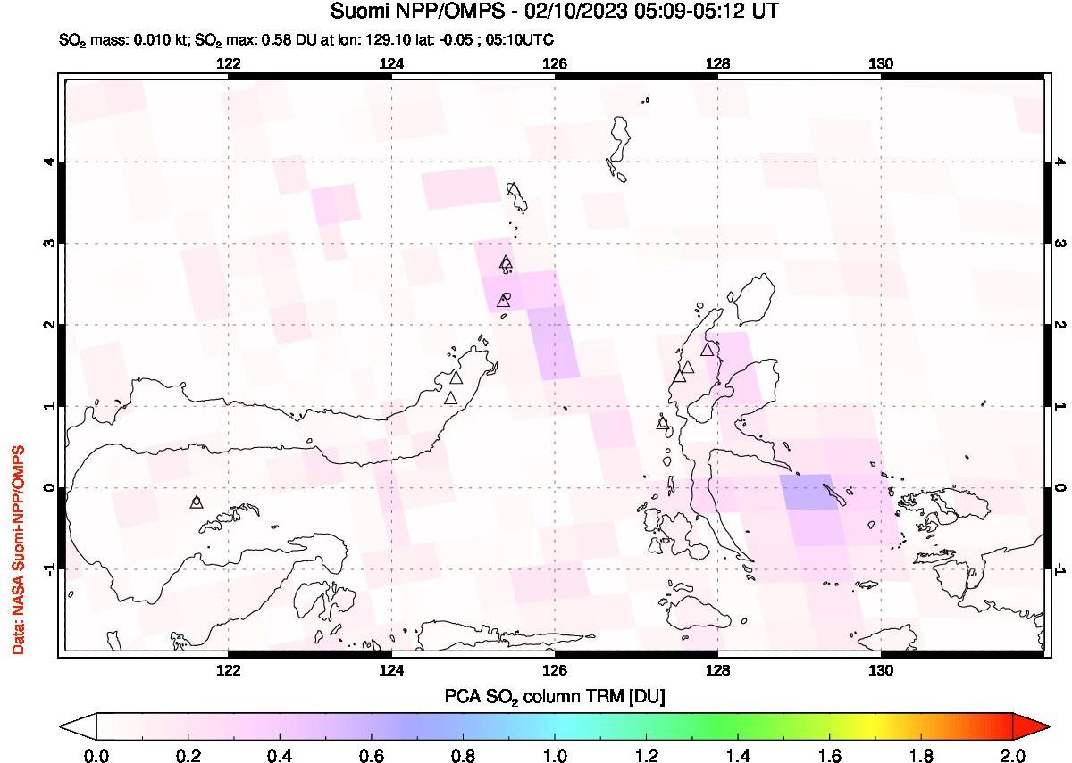 A sulfur dioxide image over Northern Sulawesi & Halmahera, Indonesia on Feb 10, 2023.