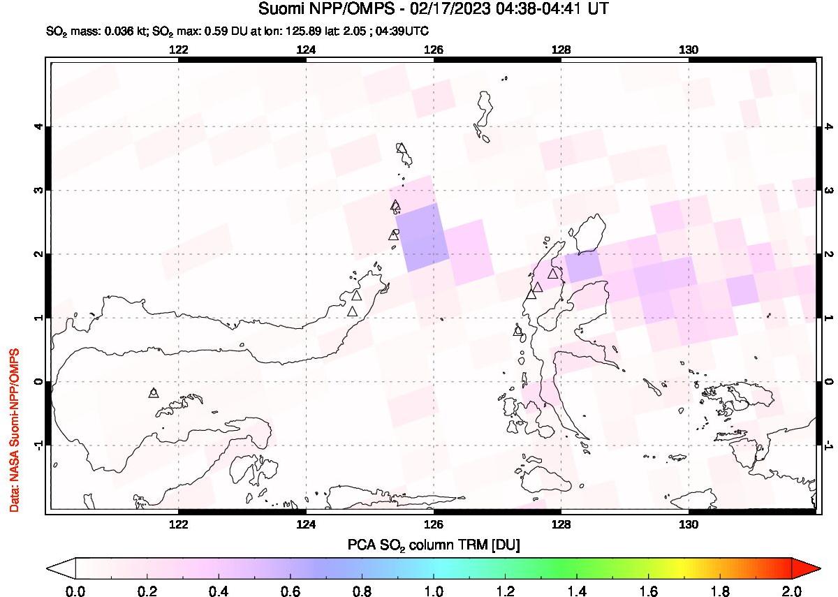 A sulfur dioxide image over Northern Sulawesi & Halmahera, Indonesia on Feb 17, 2023.