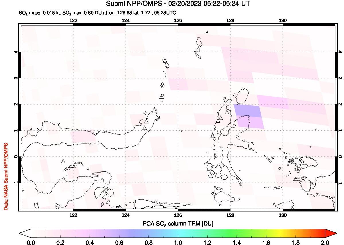 A sulfur dioxide image over Northern Sulawesi & Halmahera, Indonesia on Feb 20, 2023.