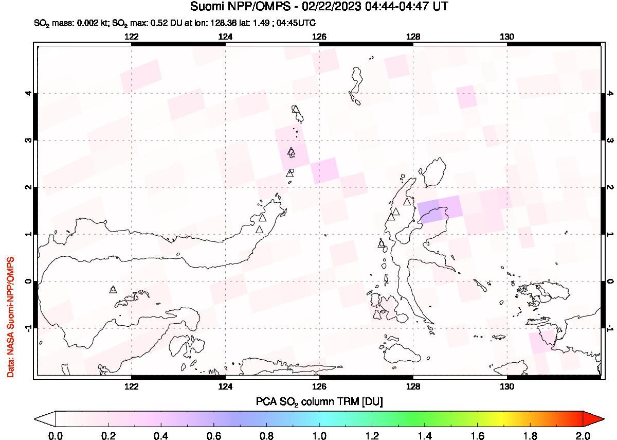 A sulfur dioxide image over Northern Sulawesi & Halmahera, Indonesia on Feb 22, 2023.