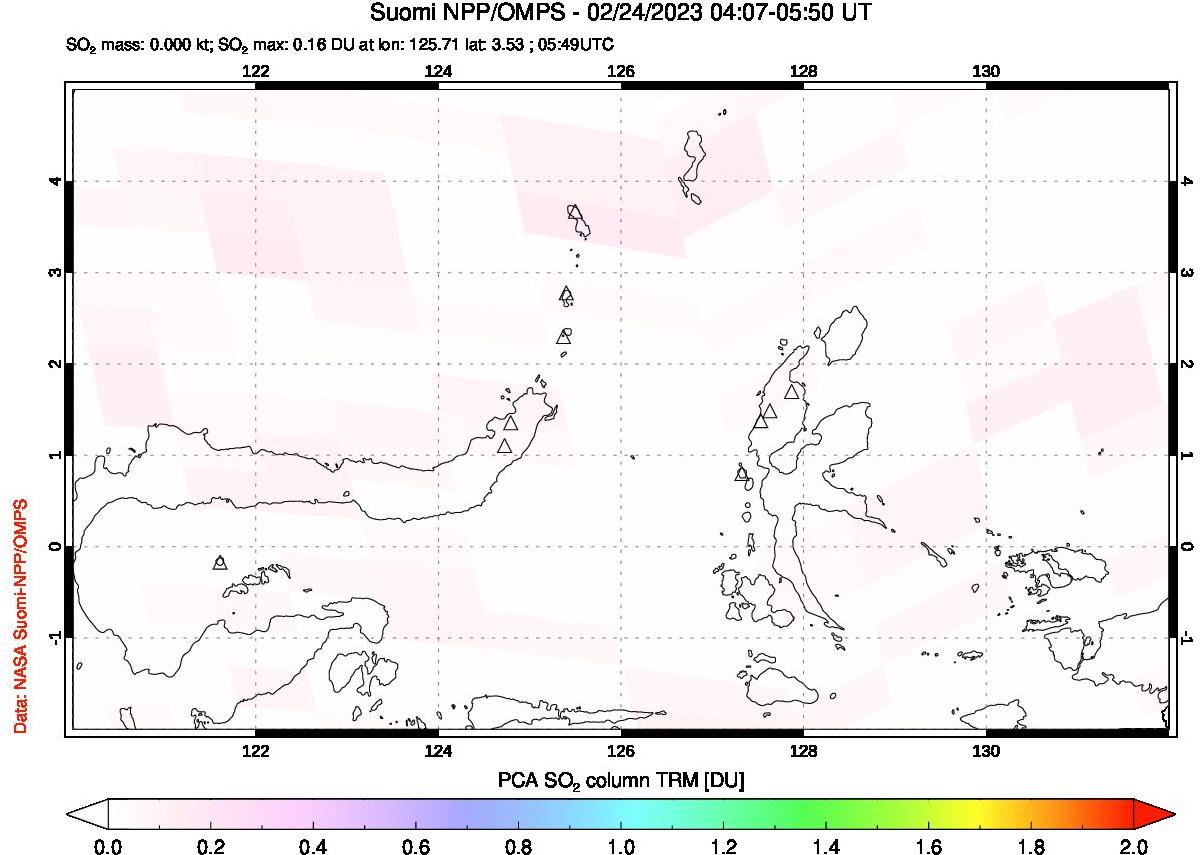 A sulfur dioxide image over Northern Sulawesi & Halmahera, Indonesia on Feb 24, 2023.