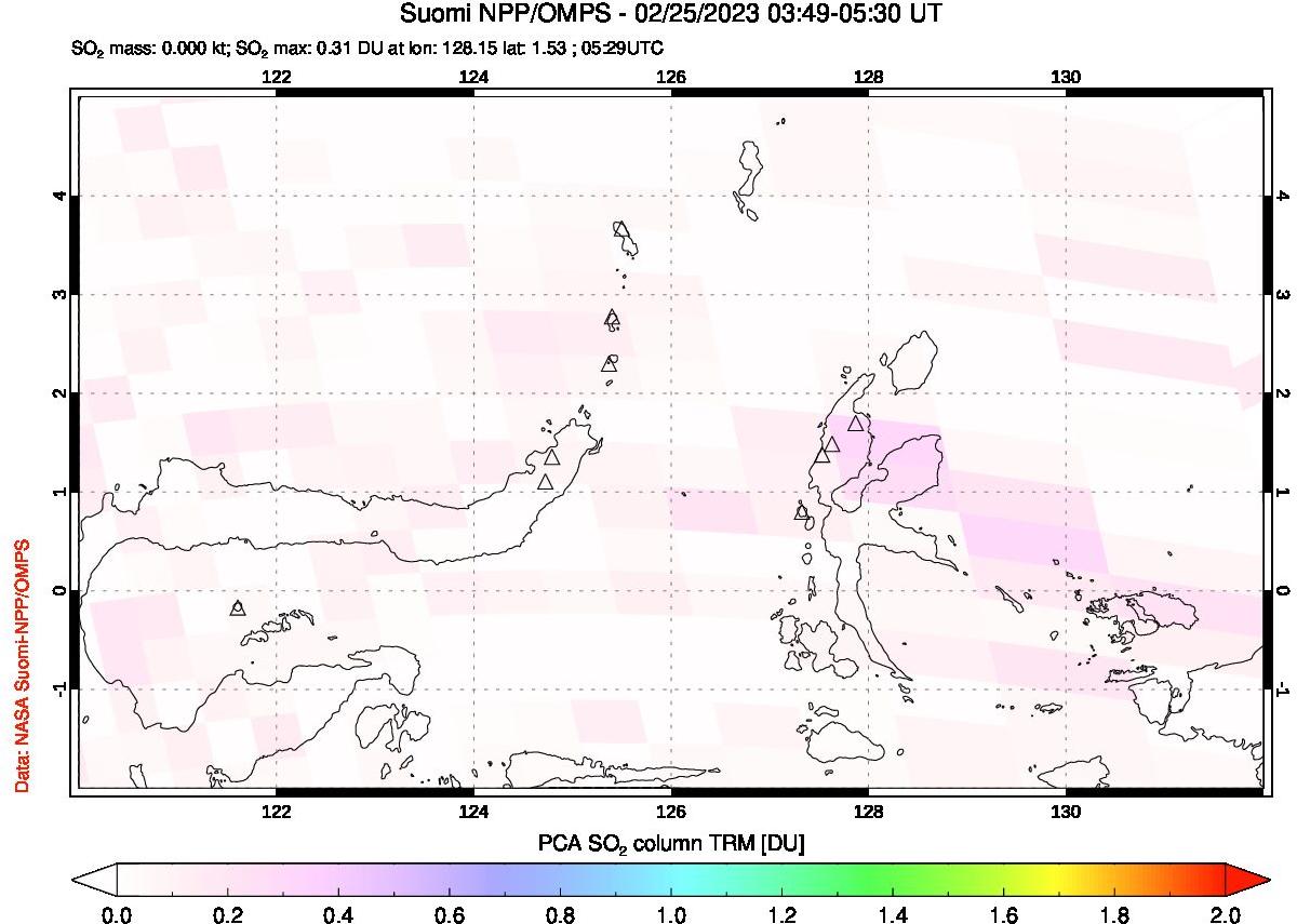 A sulfur dioxide image over Northern Sulawesi & Halmahera, Indonesia on Feb 25, 2023.