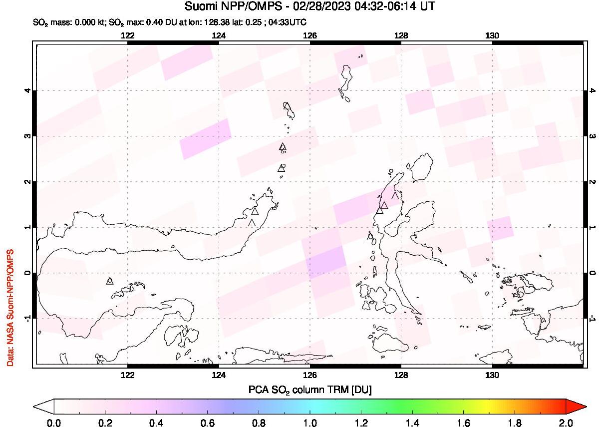 A sulfur dioxide image over Northern Sulawesi & Halmahera, Indonesia on Feb 28, 2023.