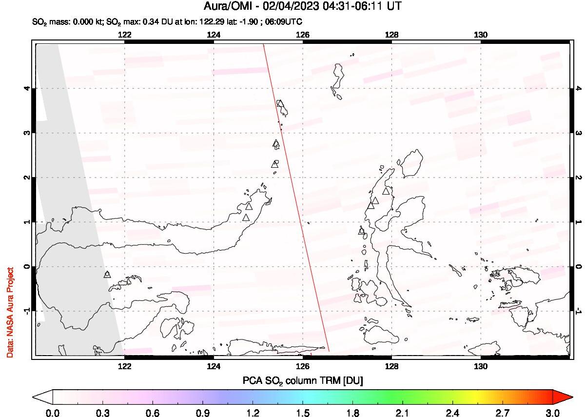 A sulfur dioxide image over Northern Sulawesi & Halmahera, Indonesia on Feb 04, 2023.