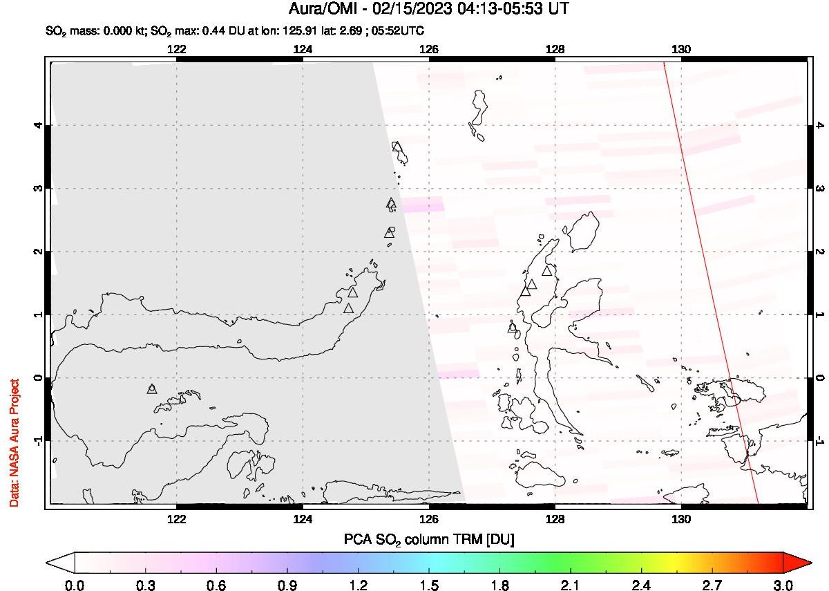 A sulfur dioxide image over Northern Sulawesi & Halmahera, Indonesia on Feb 15, 2023.