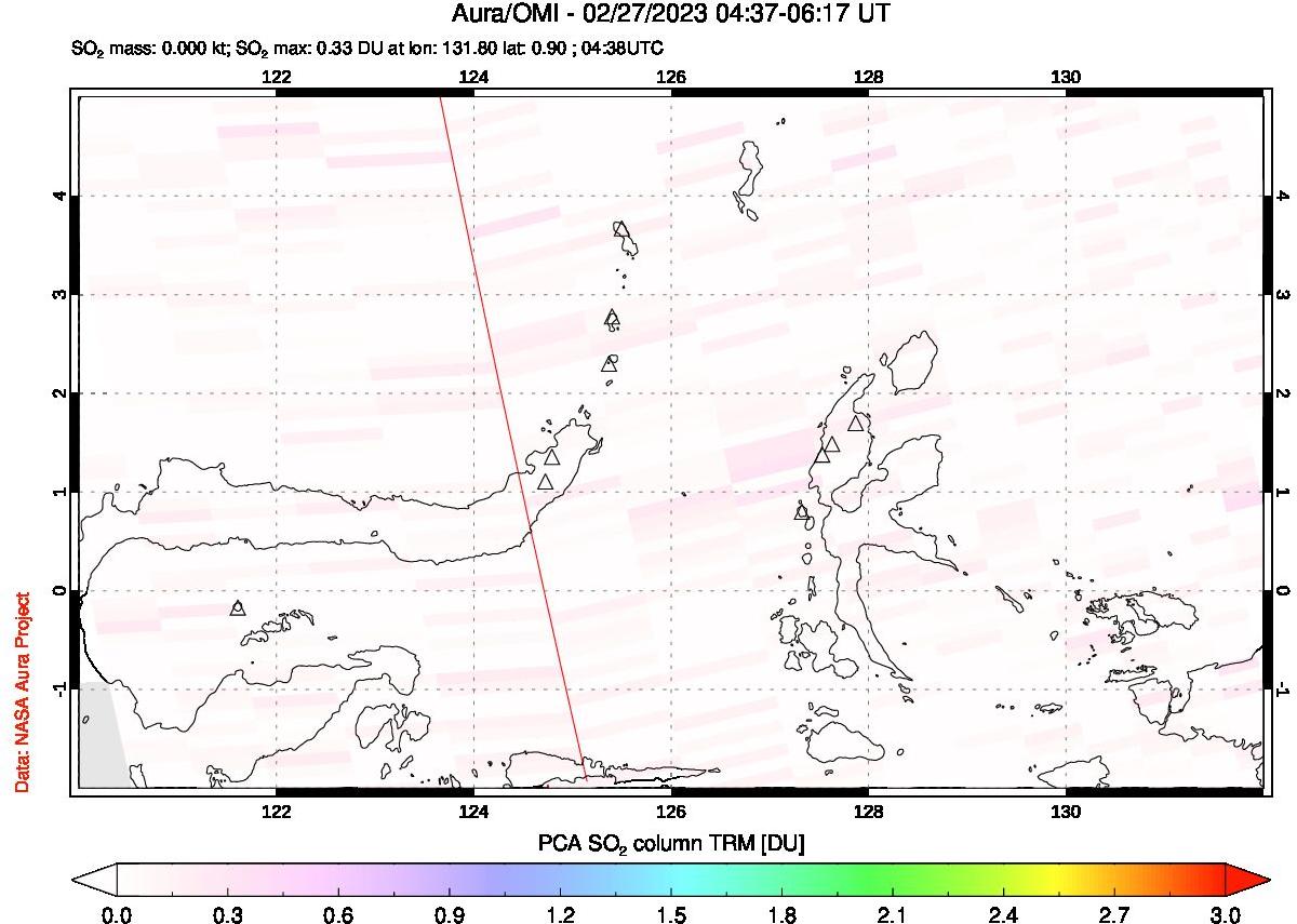 A sulfur dioxide image over Northern Sulawesi & Halmahera, Indonesia on Feb 27, 2023.
