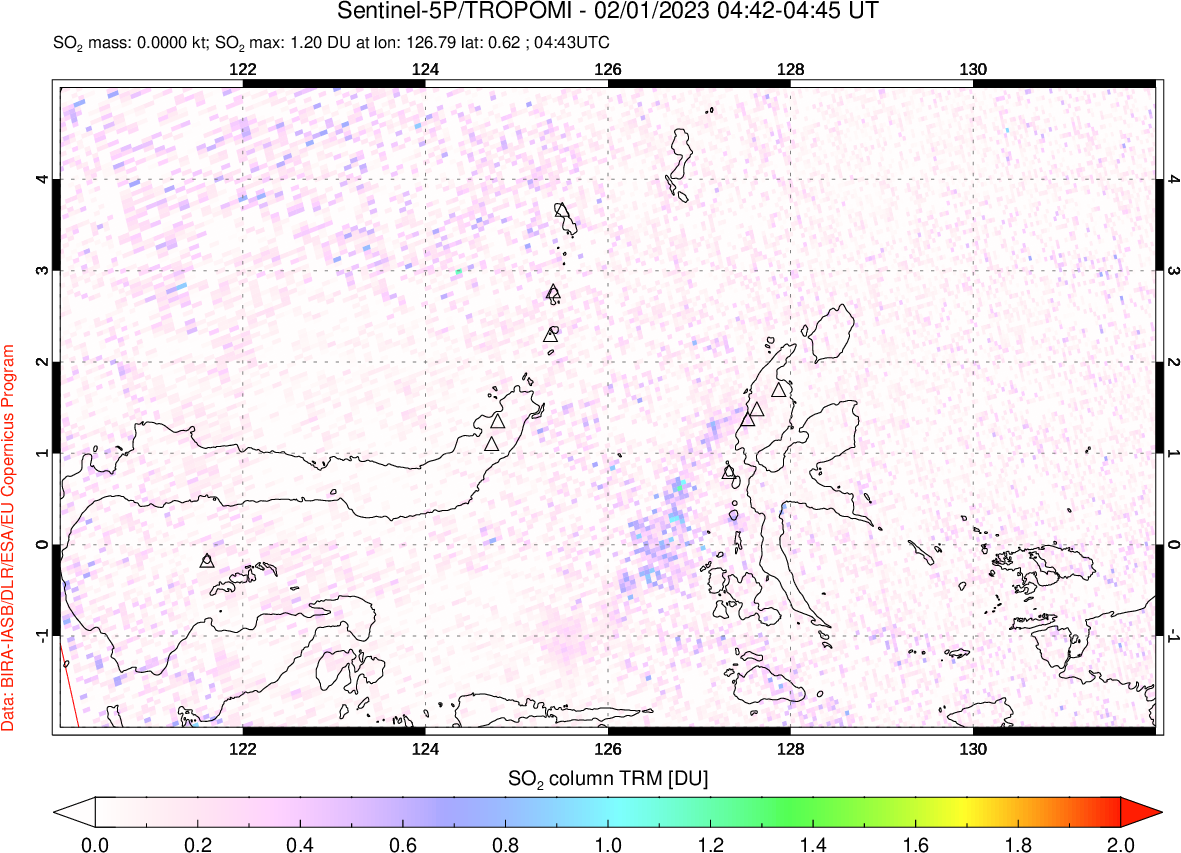 A sulfur dioxide image over Northern Sulawesi & Halmahera, Indonesia on Feb 01, 2023.