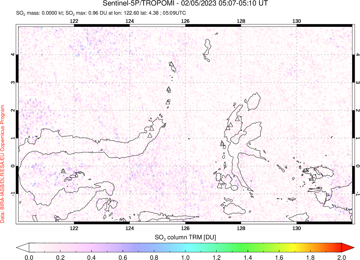 A sulfur dioxide image over Northern Sulawesi & Halmahera, Indonesia on Feb 05, 2023.