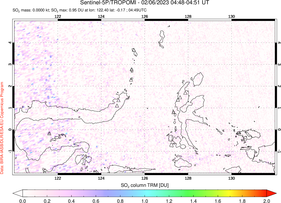 A sulfur dioxide image over Northern Sulawesi & Halmahera, Indonesia on Feb 06, 2023.