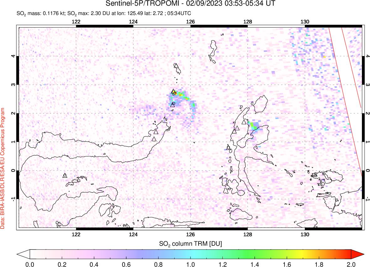 A sulfur dioxide image over Northern Sulawesi & Halmahera, Indonesia on Feb 09, 2023.