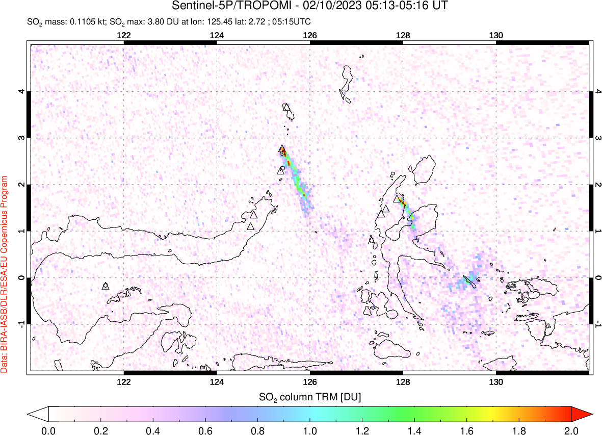 A sulfur dioxide image over Northern Sulawesi & Halmahera, Indonesia on Feb 10, 2023.