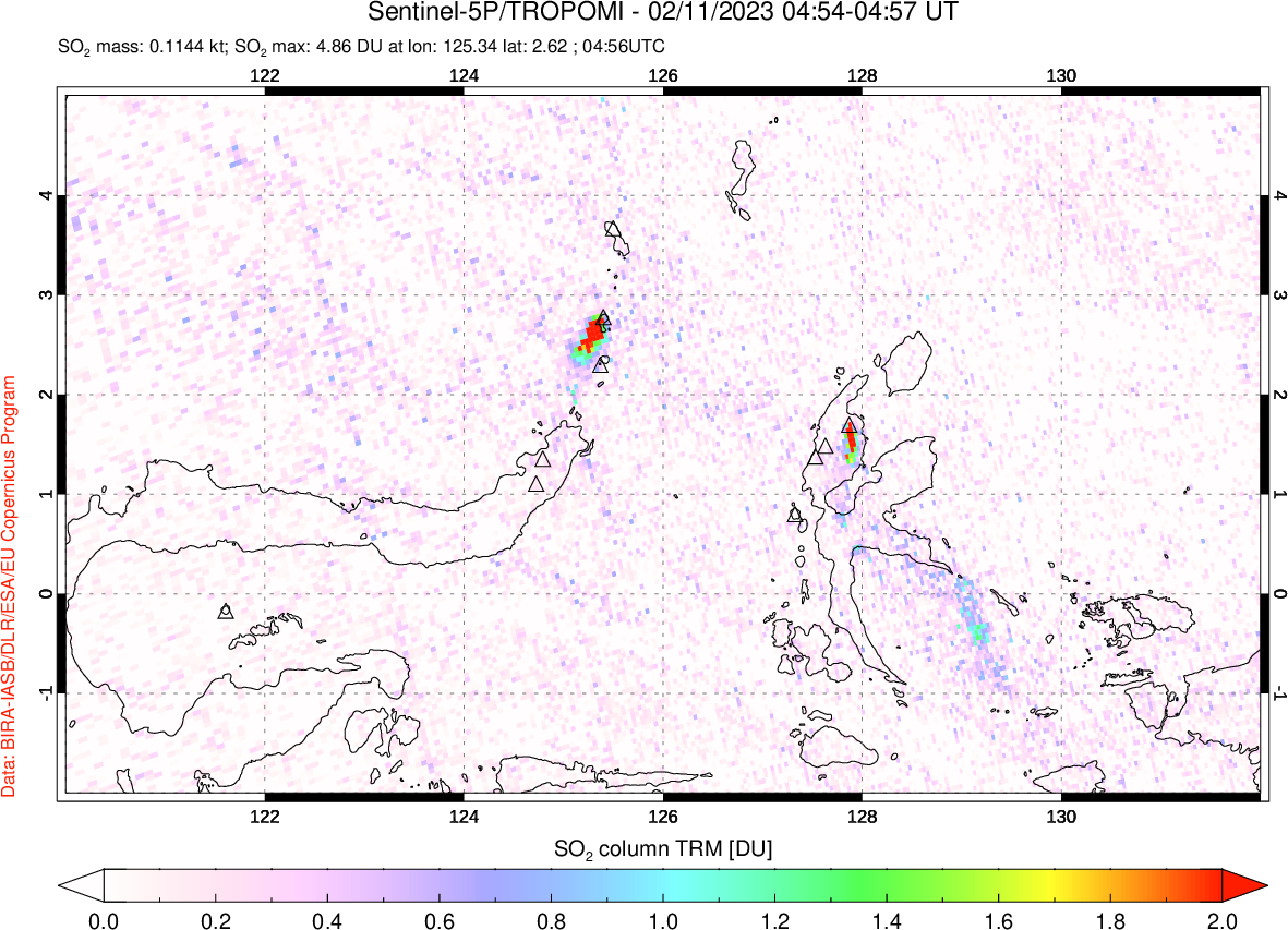 A sulfur dioxide image over Northern Sulawesi & Halmahera, Indonesia on Feb 11, 2023.