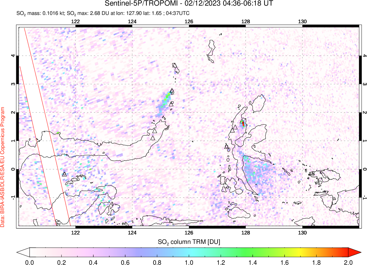 A sulfur dioxide image over Northern Sulawesi & Halmahera, Indonesia on Feb 12, 2023.