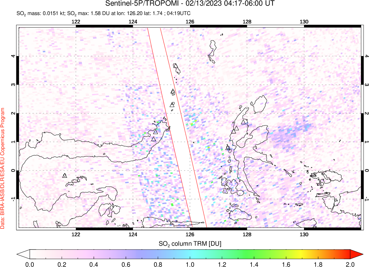 A sulfur dioxide image over Northern Sulawesi & Halmahera, Indonesia on Feb 13, 2023.