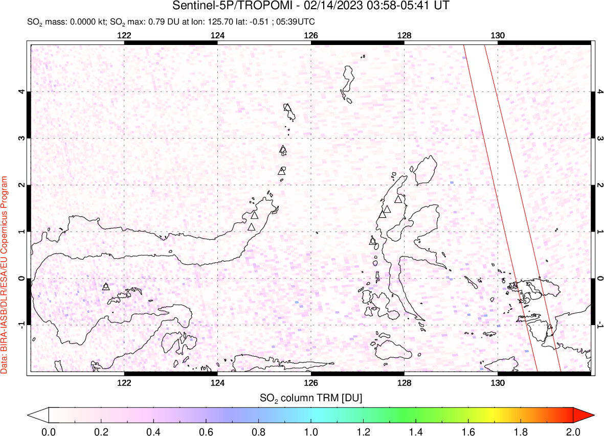 A sulfur dioxide image over Northern Sulawesi & Halmahera, Indonesia on Feb 14, 2023.