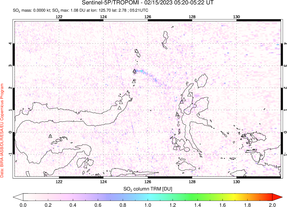 A sulfur dioxide image over Northern Sulawesi & Halmahera, Indonesia on Feb 15, 2023.