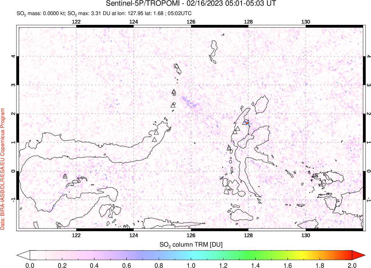 A sulfur dioxide image over Northern Sulawesi & Halmahera, Indonesia on Feb 16, 2023.