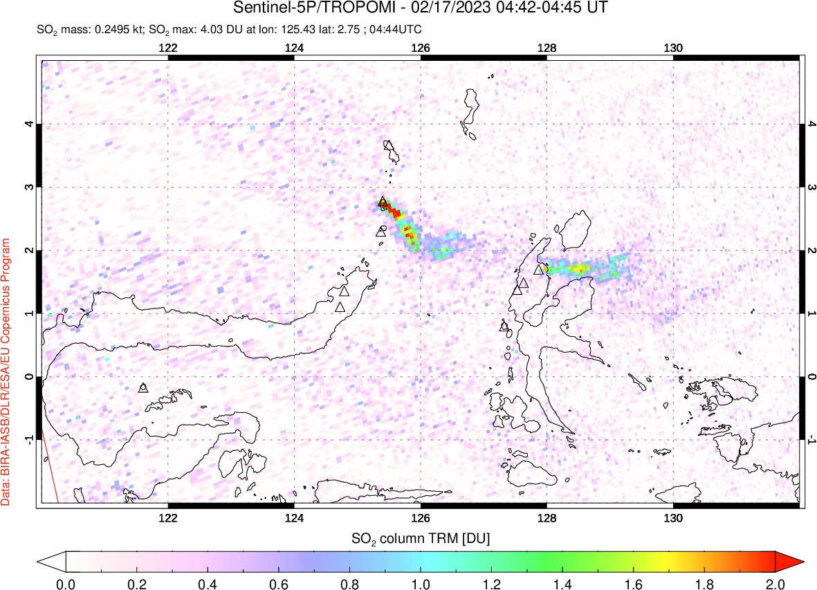 A sulfur dioxide image over Northern Sulawesi & Halmahera, Indonesia on Feb 17, 2023.
