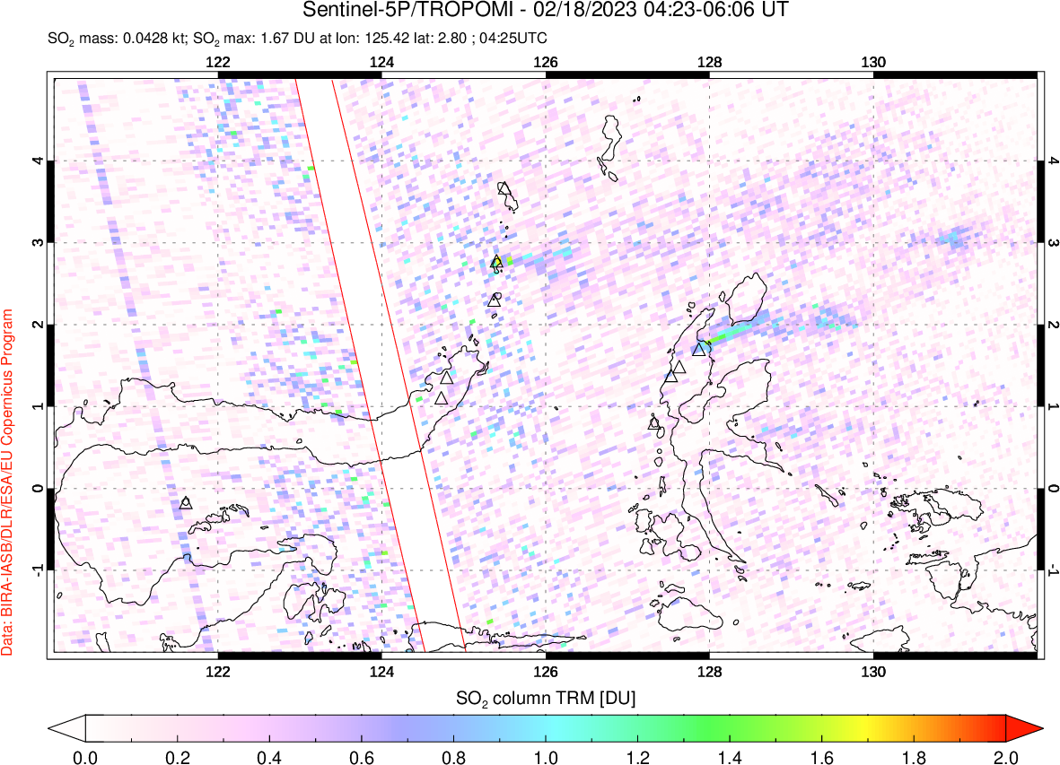 A sulfur dioxide image over Northern Sulawesi & Halmahera, Indonesia on Feb 18, 2023.