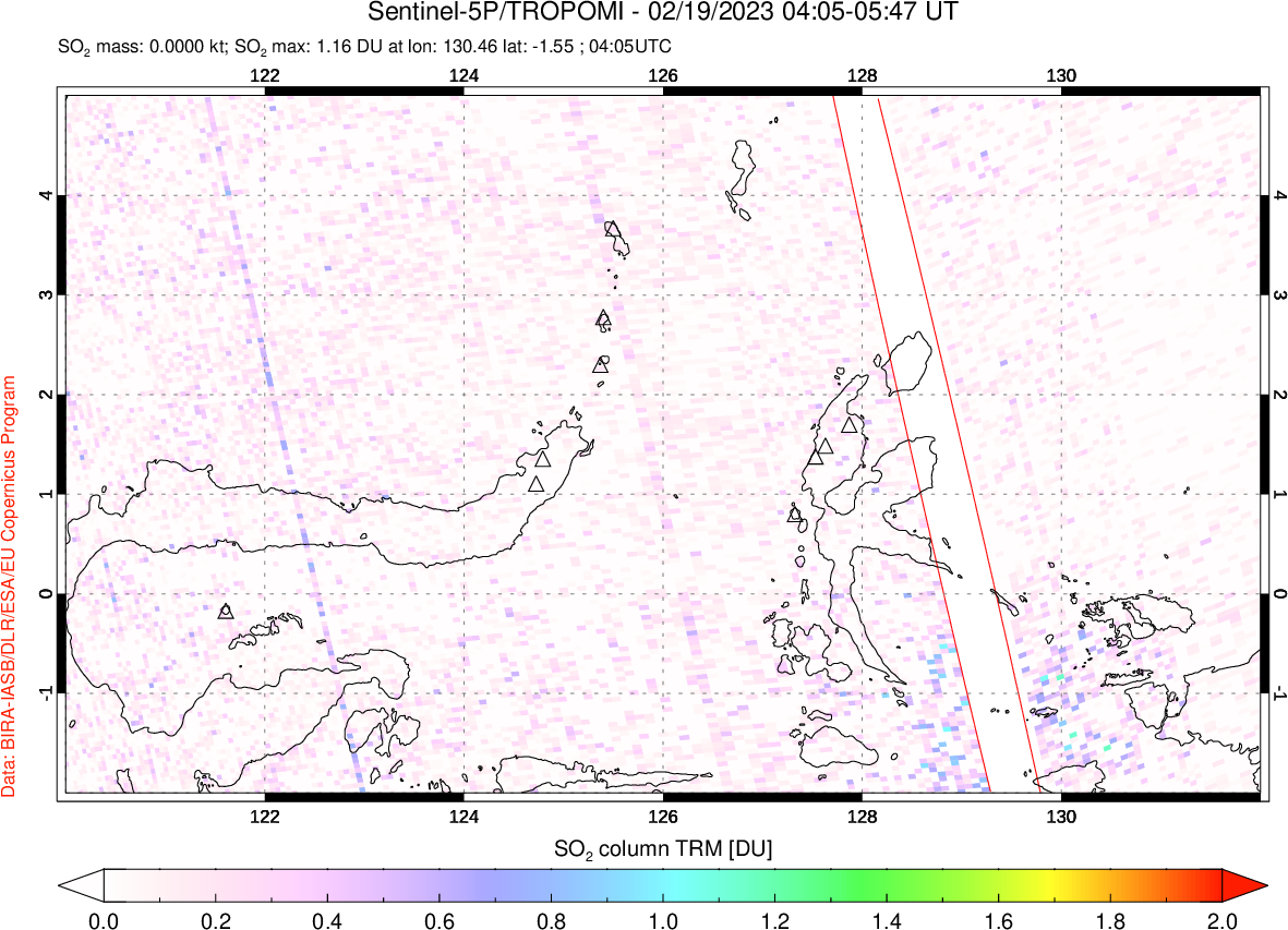 A sulfur dioxide image over Northern Sulawesi & Halmahera, Indonesia on Feb 19, 2023.