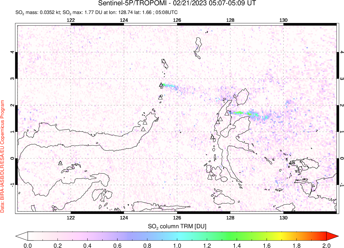 A sulfur dioxide image over Northern Sulawesi & Halmahera, Indonesia on Feb 21, 2023.