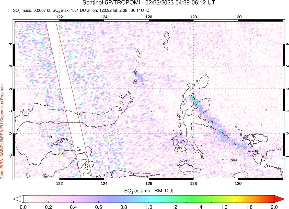 A sulfur dioxide image over Northern Sulawesi & Halmahera, Indonesia on Feb 23, 2023.