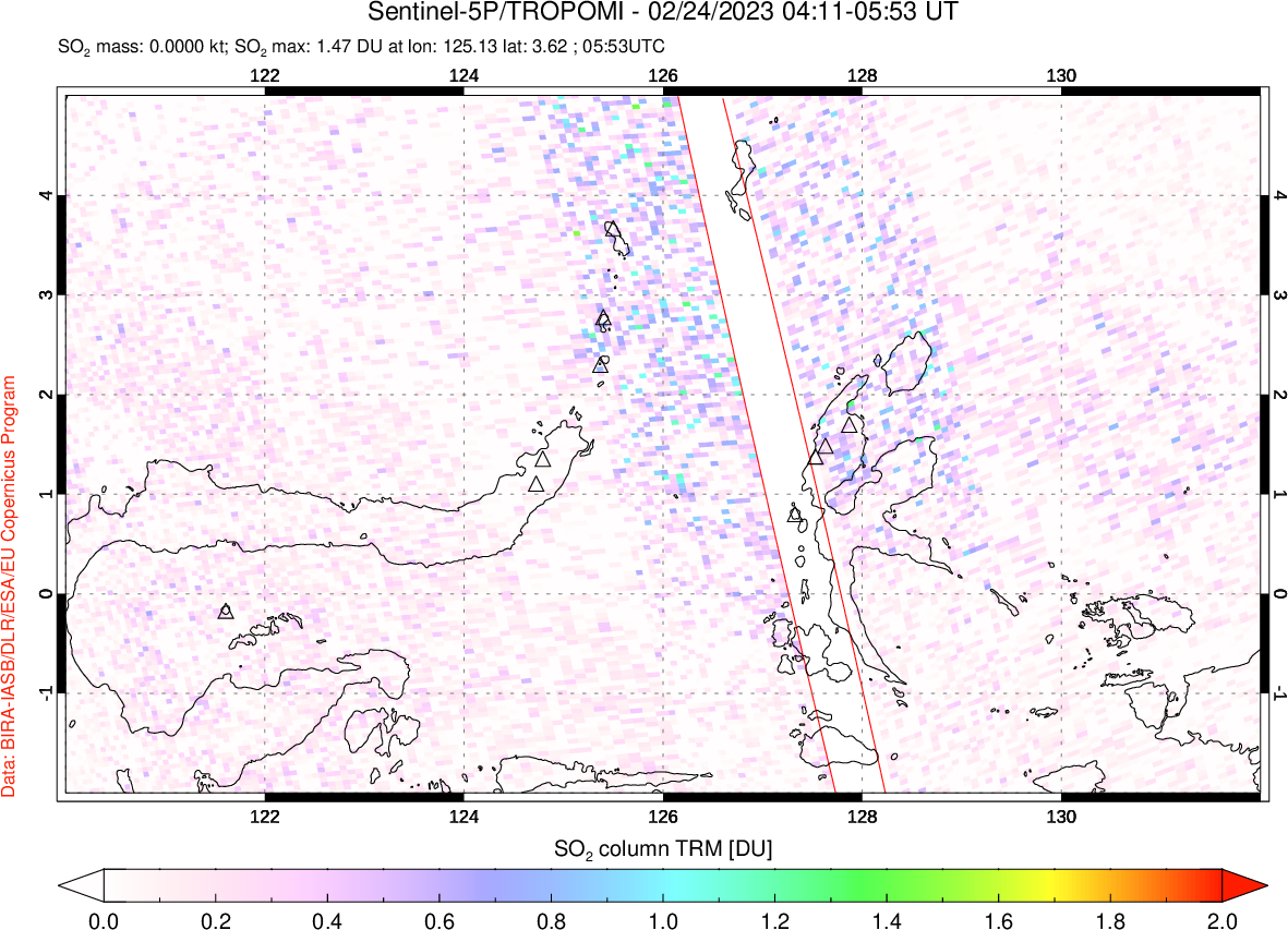 A sulfur dioxide image over Northern Sulawesi & Halmahera, Indonesia on Feb 24, 2023.