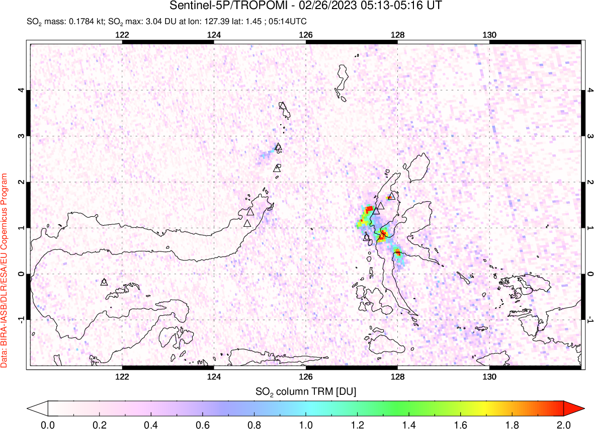 A sulfur dioxide image over Northern Sulawesi & Halmahera, Indonesia on Feb 26, 2023.