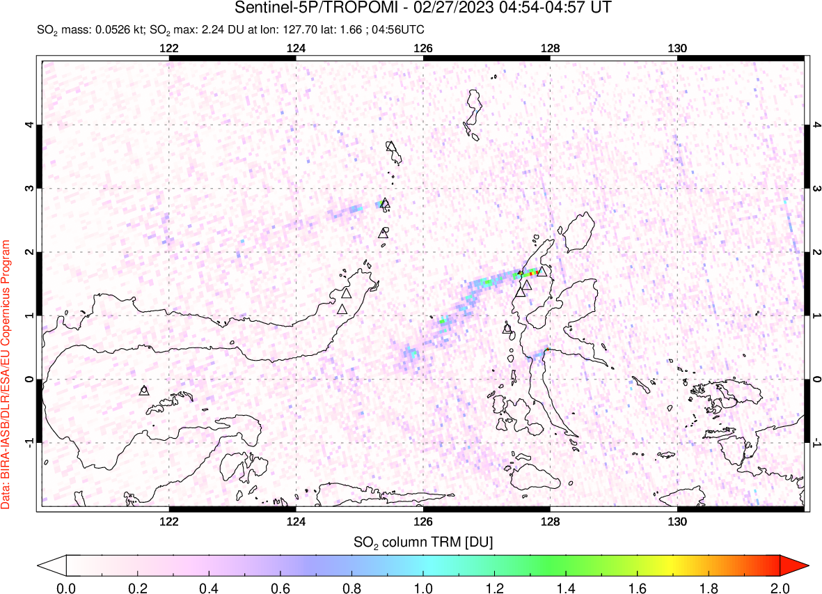 A sulfur dioxide image over Northern Sulawesi & Halmahera, Indonesia on Feb 27, 2023.